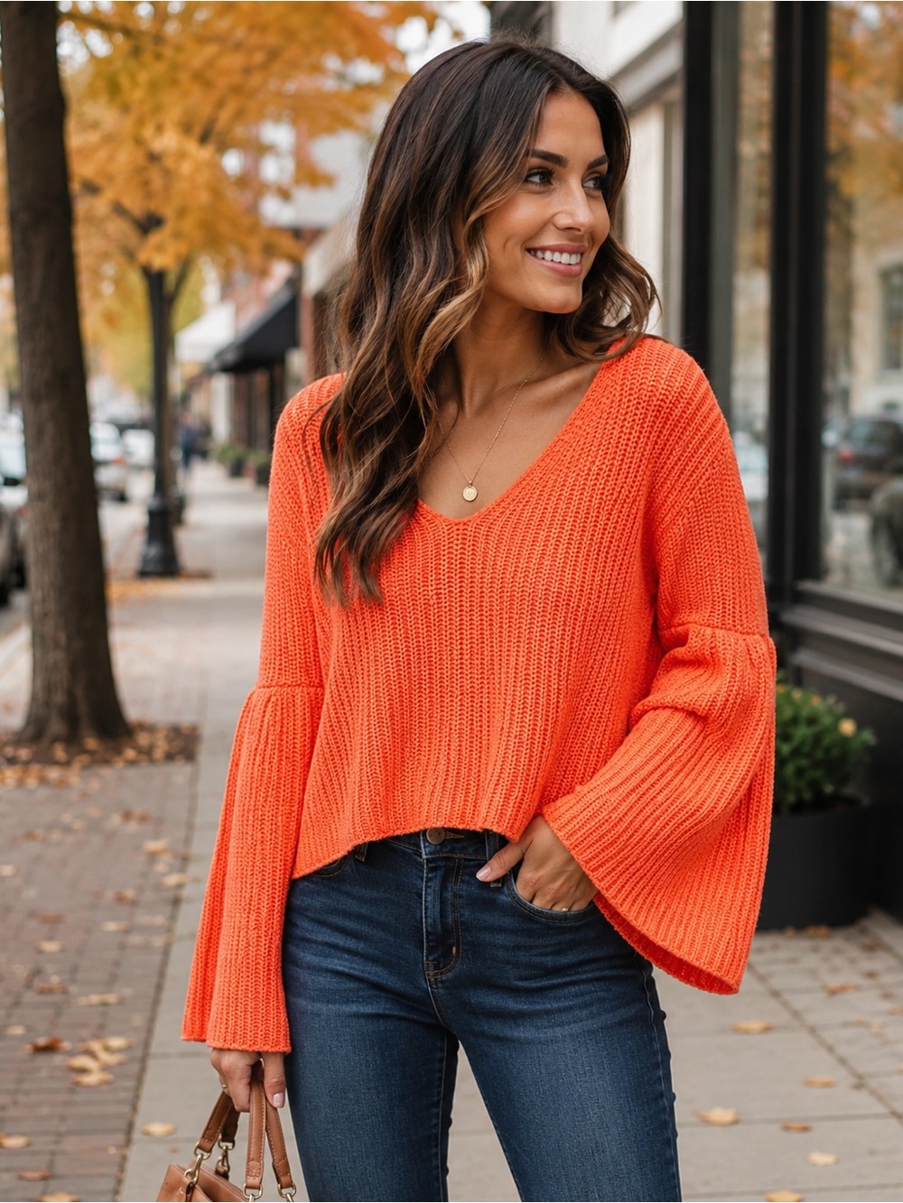 Free People Sweater Damsel Orange VNeck Ribbed Pullover Bell Sleeve